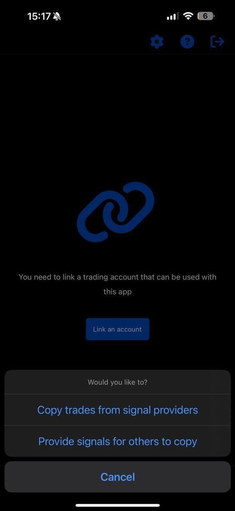 PU Social asking whether to copy trades from signal providers or provide signals